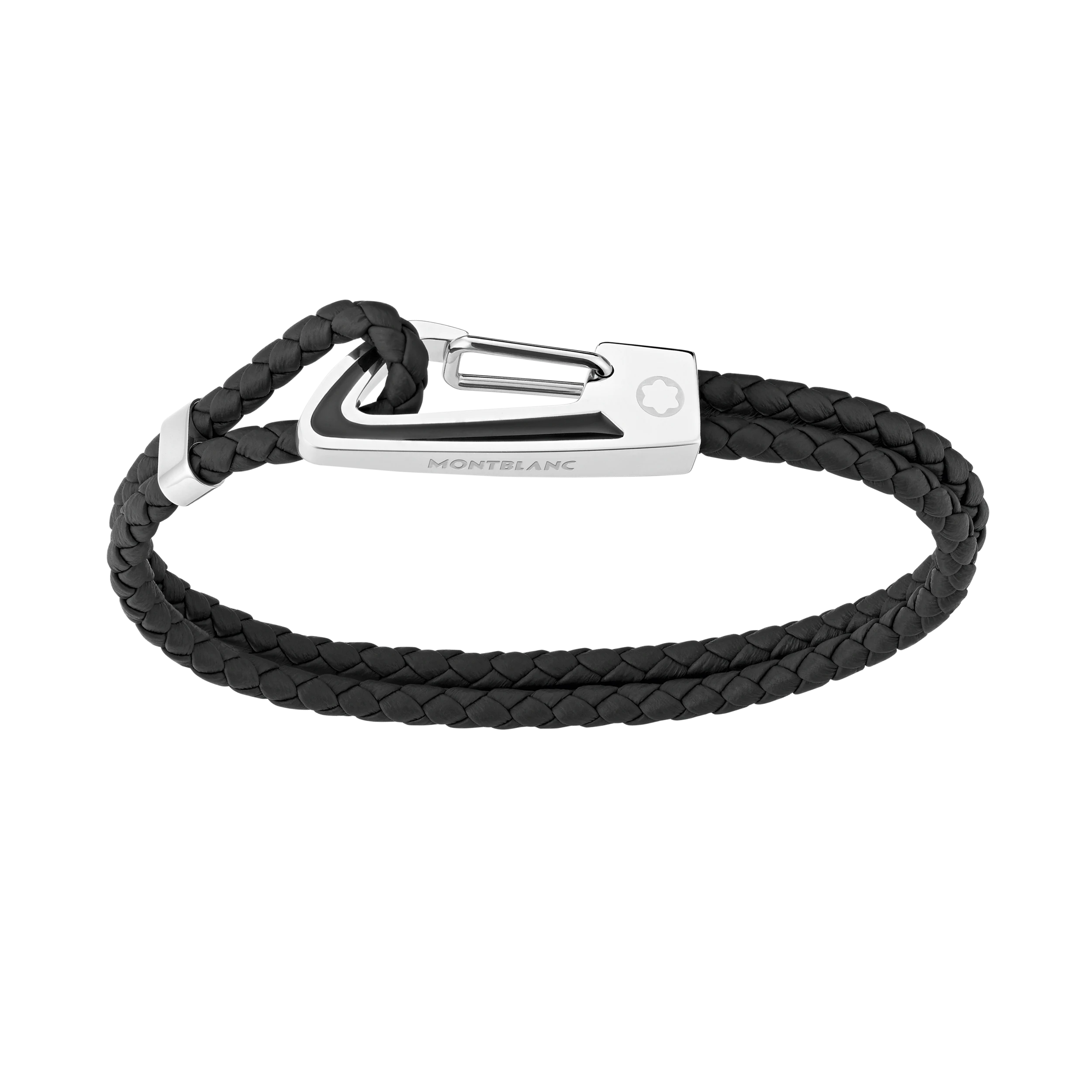 BRACELET HOMME CARABINER CUIR TRESSE NOIR BOUCLE ACIER INSERT LAQUE NOIRE T60