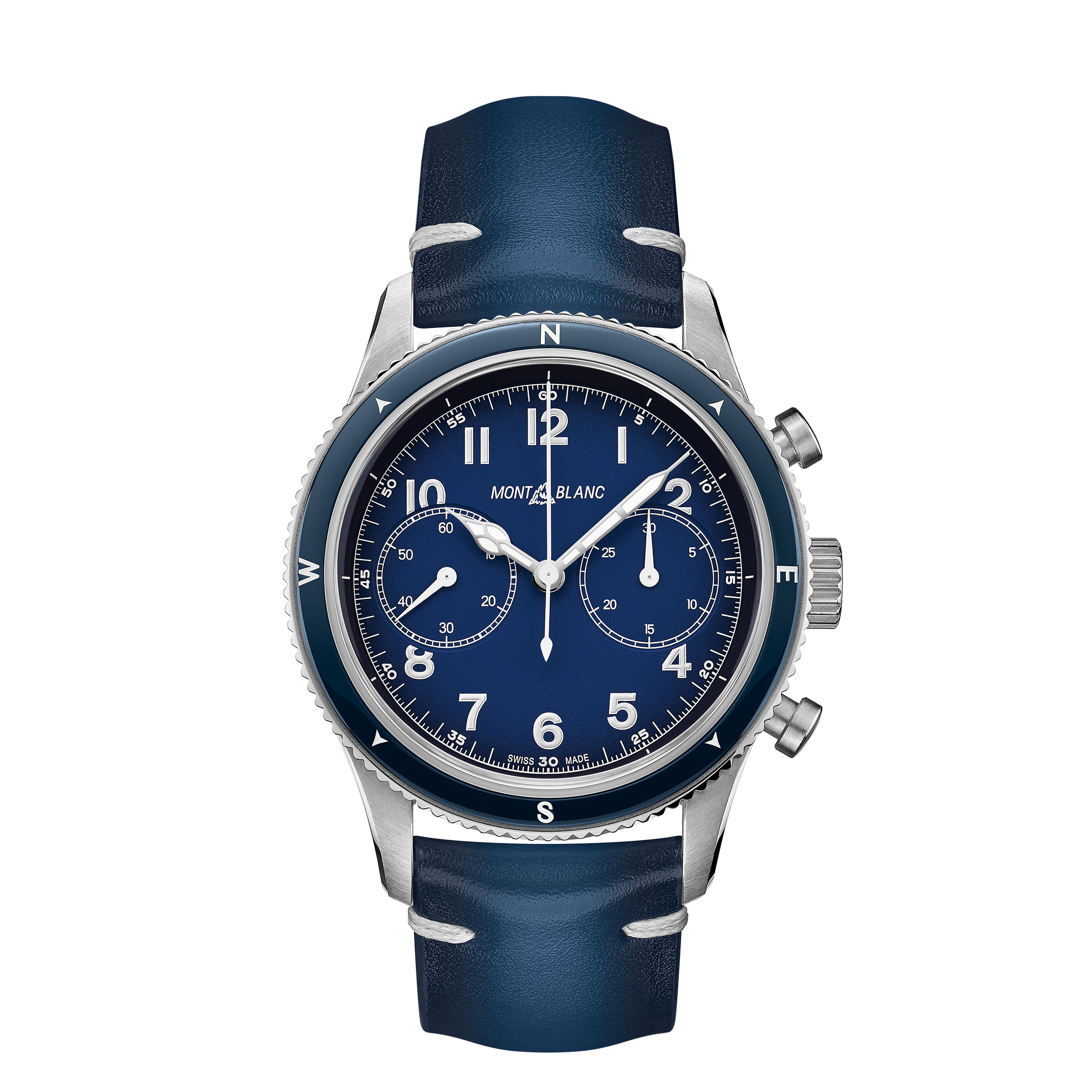 MB126912.webp MONTRE 1858 BOITIER ACIER CERAMIQUE 42MM CADRAN BLEU CHRONOGRAPHE BRACELET CUIR BLEU