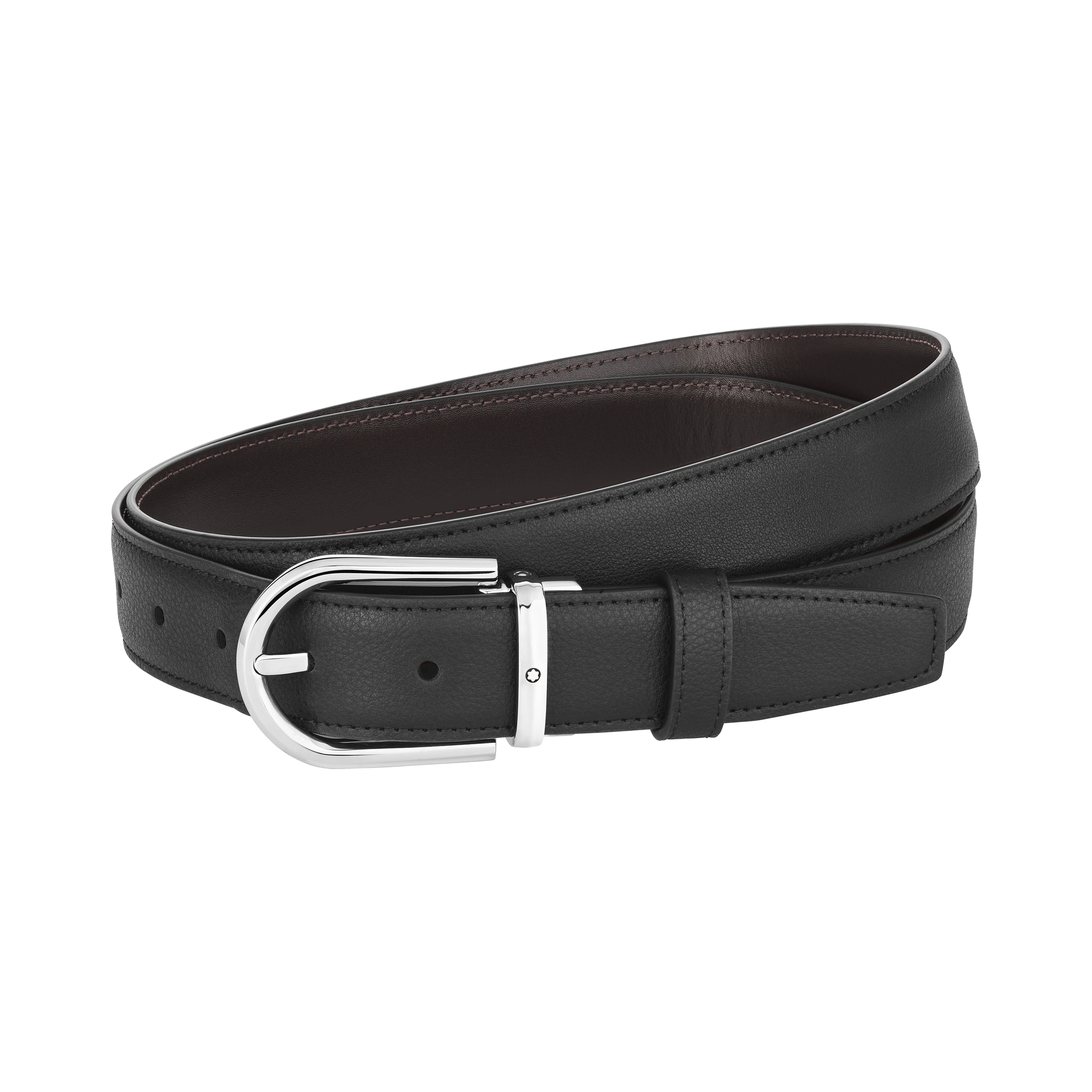 CEINTURE BOUCLE FER A CHEVAL SHINY PALLADIUM CUIR MARRON ET NOIR GRAINE 30MM