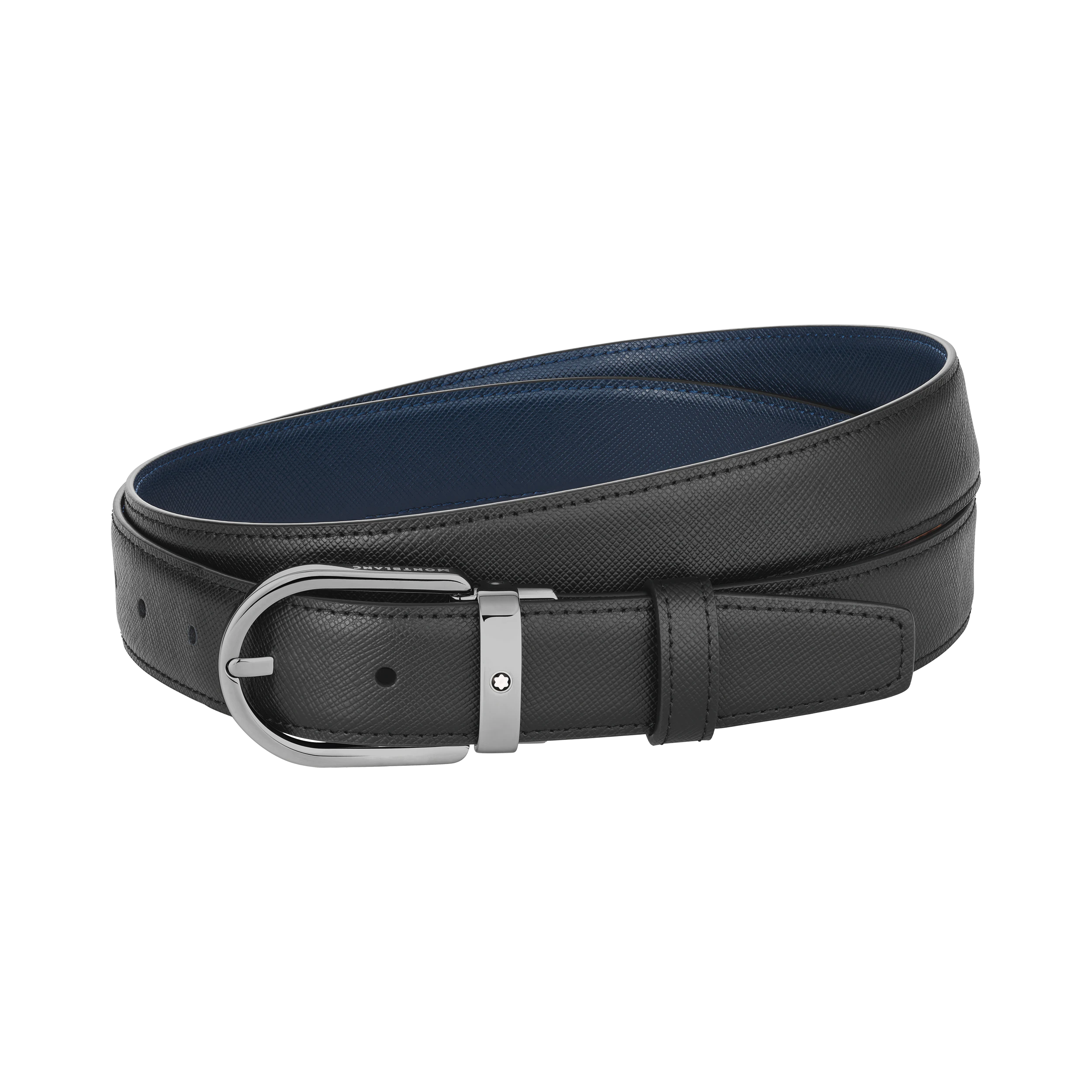 CEINTURE BOUCLE FER A CHEVAL SHINY RUTHENIUM CUIR NOIR ET BLEU SAFFIANO 30MM