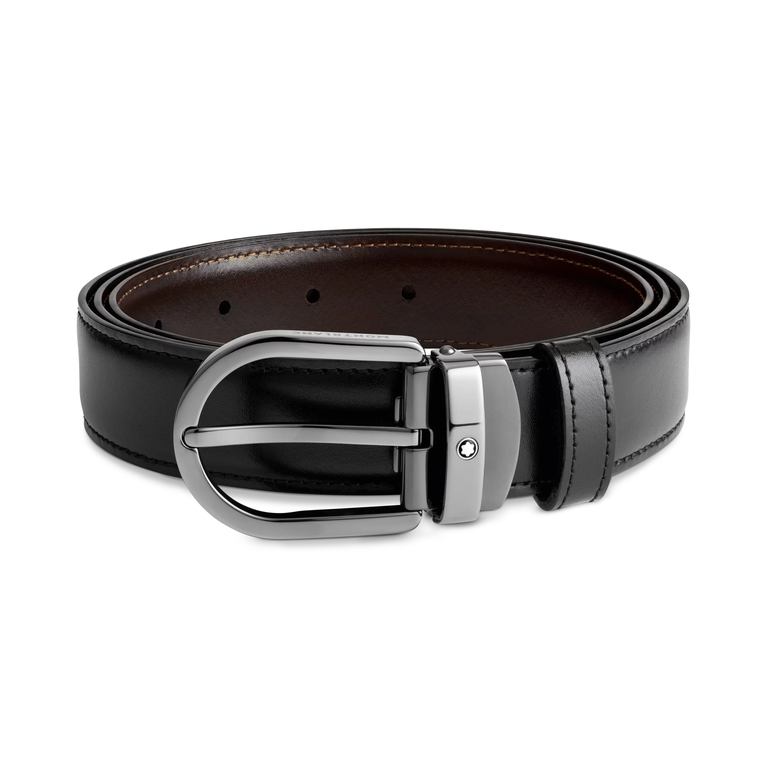 CEINTURE BOUCLE FER A CHEVAL SHINY RUTHENIUM CUIR REVERSIBLE NOIR ET MARRON 30MM
